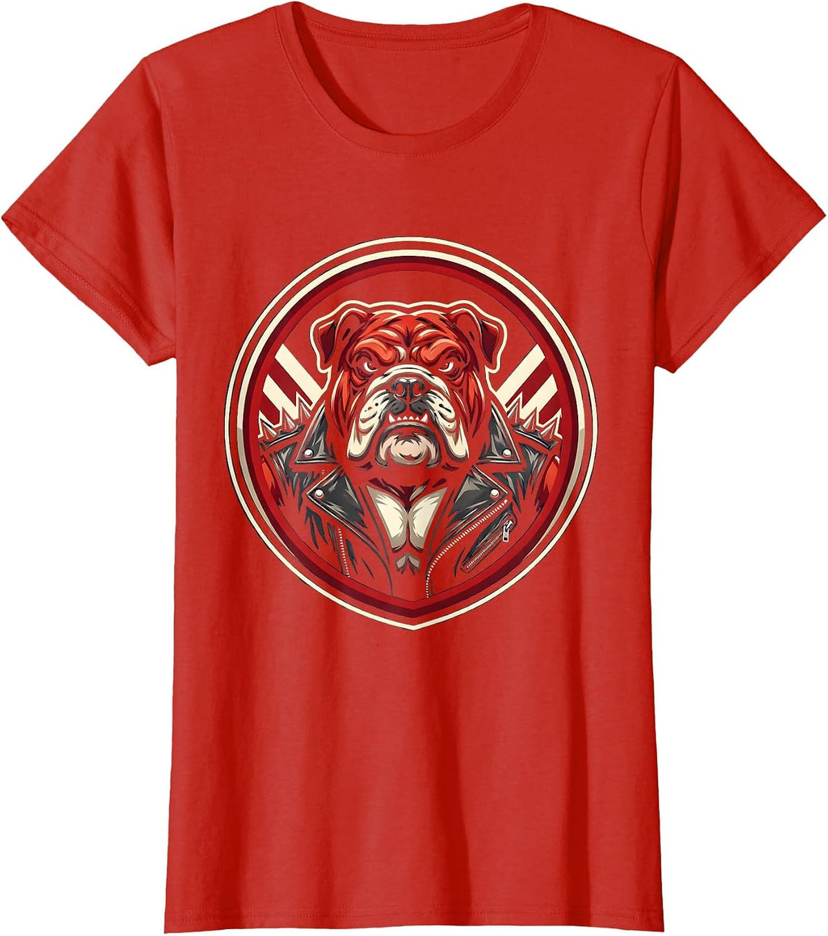 Bulldog Biker Spiked Leather Jacket Graphic T-Shirt - Red