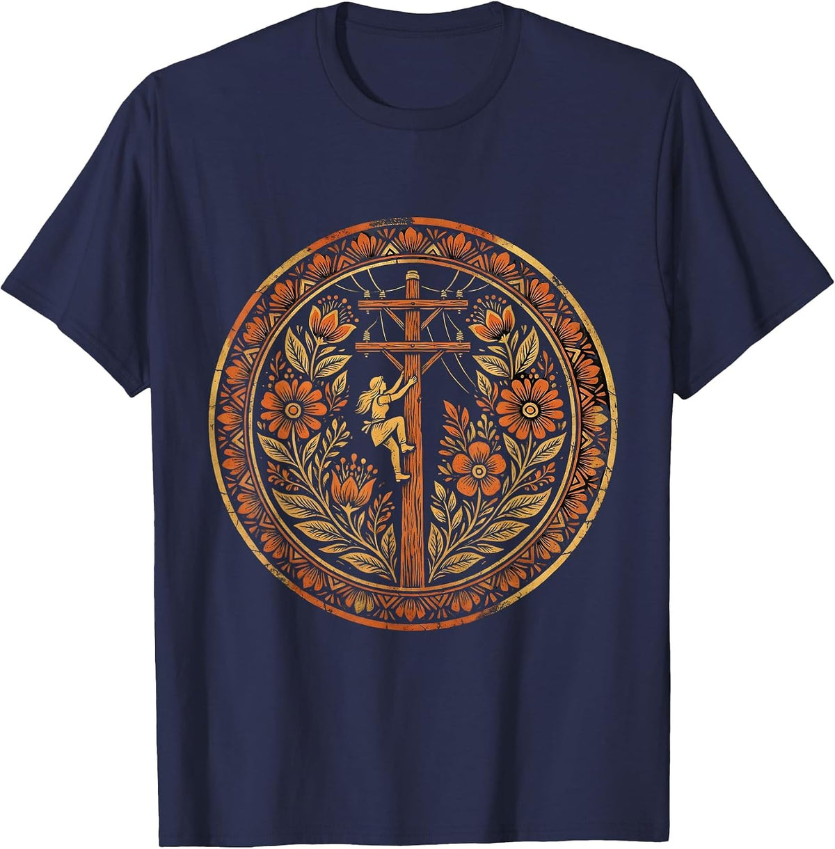 Men's Electrician Climbing Utility Pole Graphic Tee T-Shirt - Navy Blue