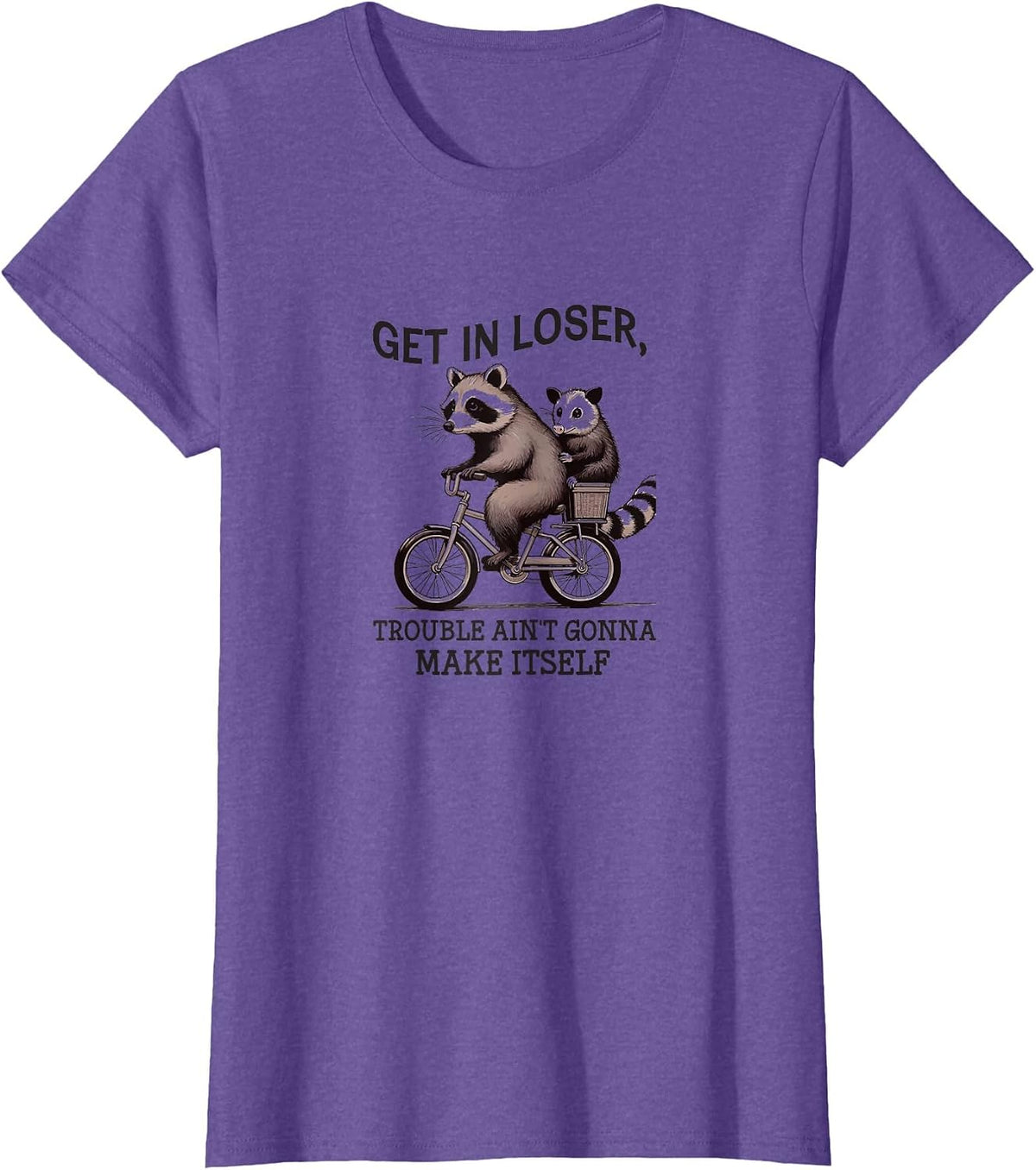 Cycling Raccoon & Opossum, Trouble Ain't Gonna Make Itself T-Shirt - Purple Heather