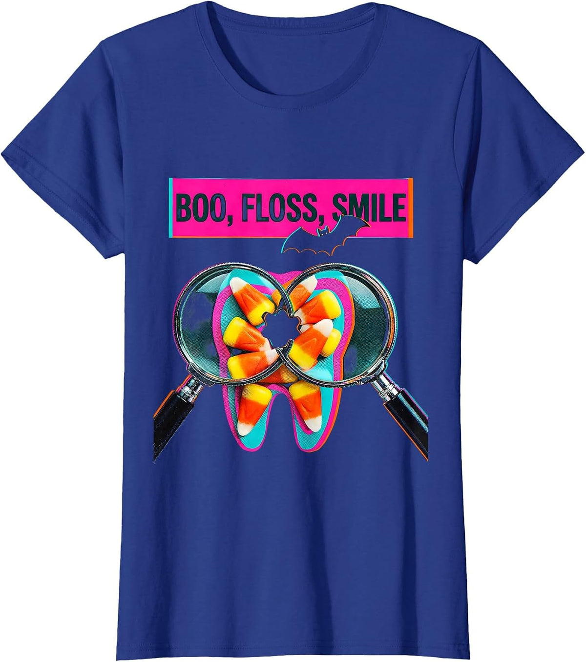 Women's Boo Floss Smile Risograph Dental Hygienist Halloween Humor T-Shirt - Royal Blue