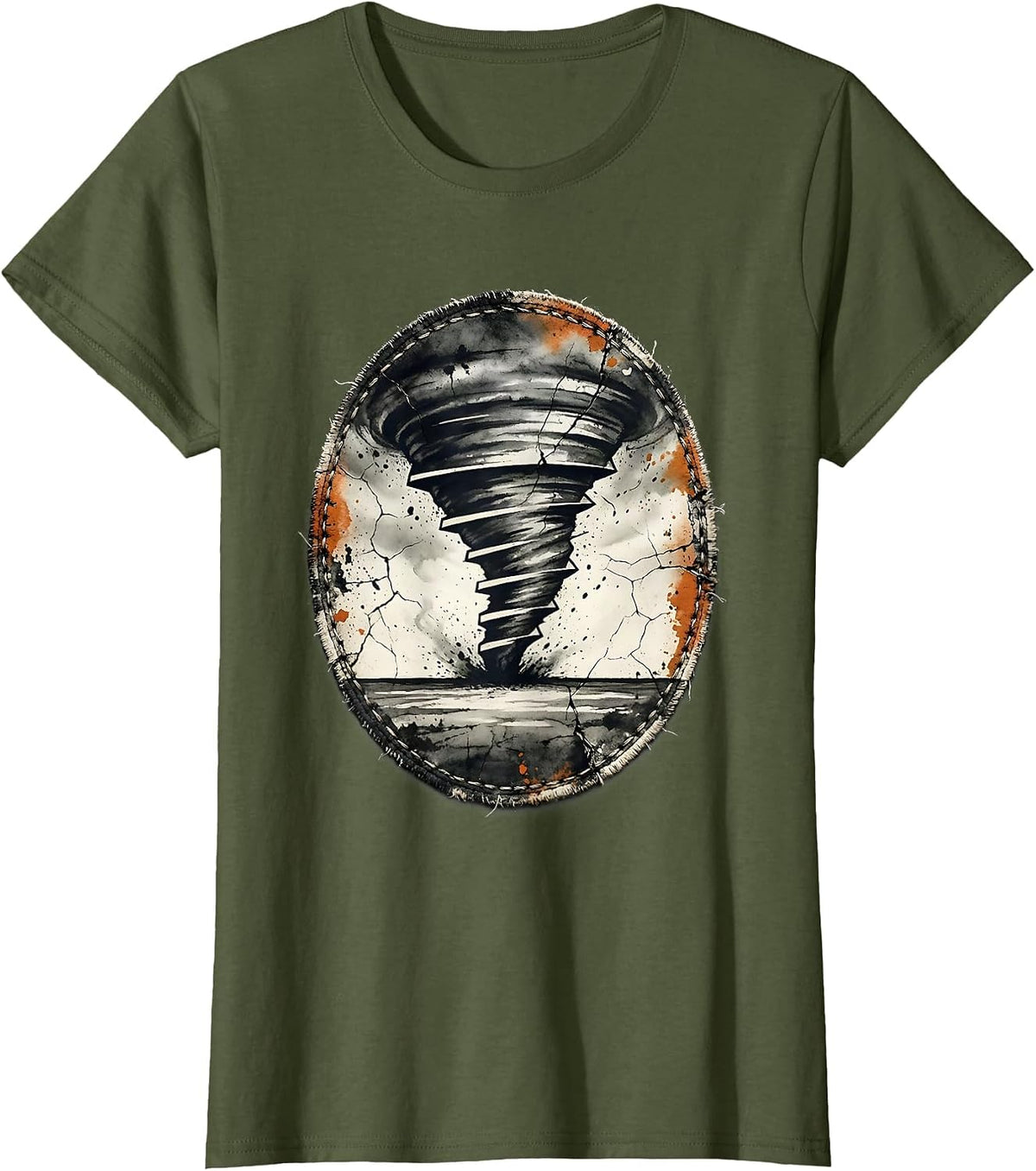 Women's Weathered Tornado Patch Distressed Storm Chaser Enthusiast T-Shirt - Olive Green