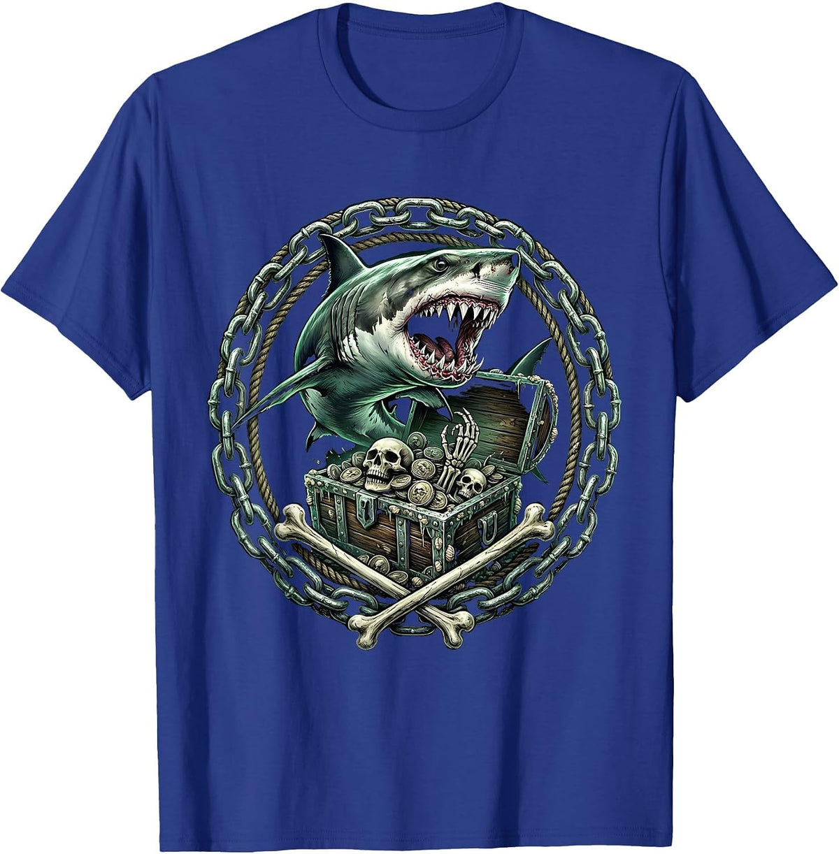 Tiger Shark Coiling Around Treasure Chest T-Shirt - Royal Blue