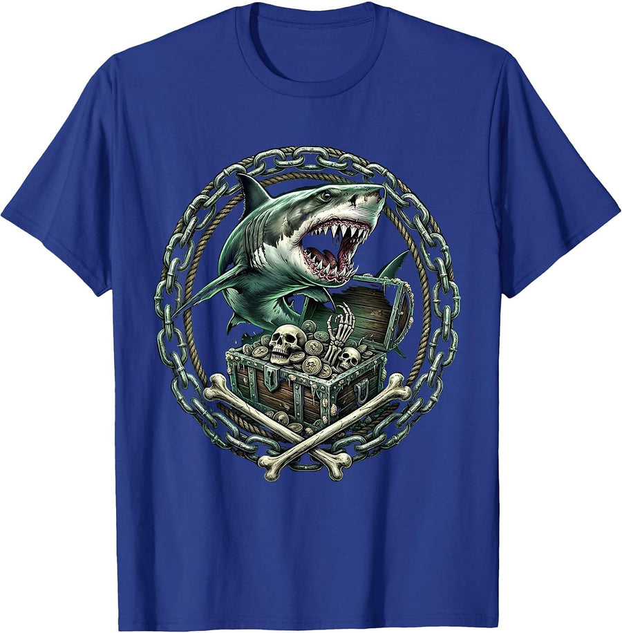 Tiger Shark Coiling Around Treasure Chest T-Shirt - Royal Blue