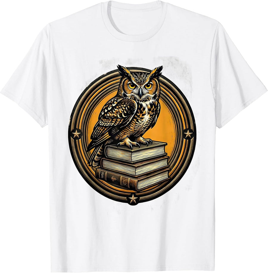 Men's Wise Owl Perched on Stack of Books Illustration T-Shirt - White