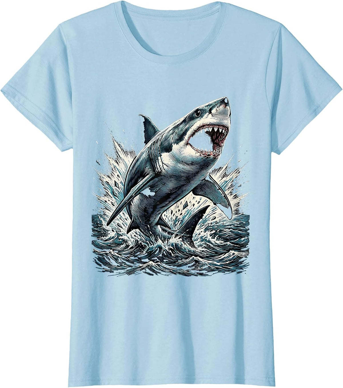 Women's Boys Shark Bursting Through Ocean Surface T-Shirt - Baby Blue