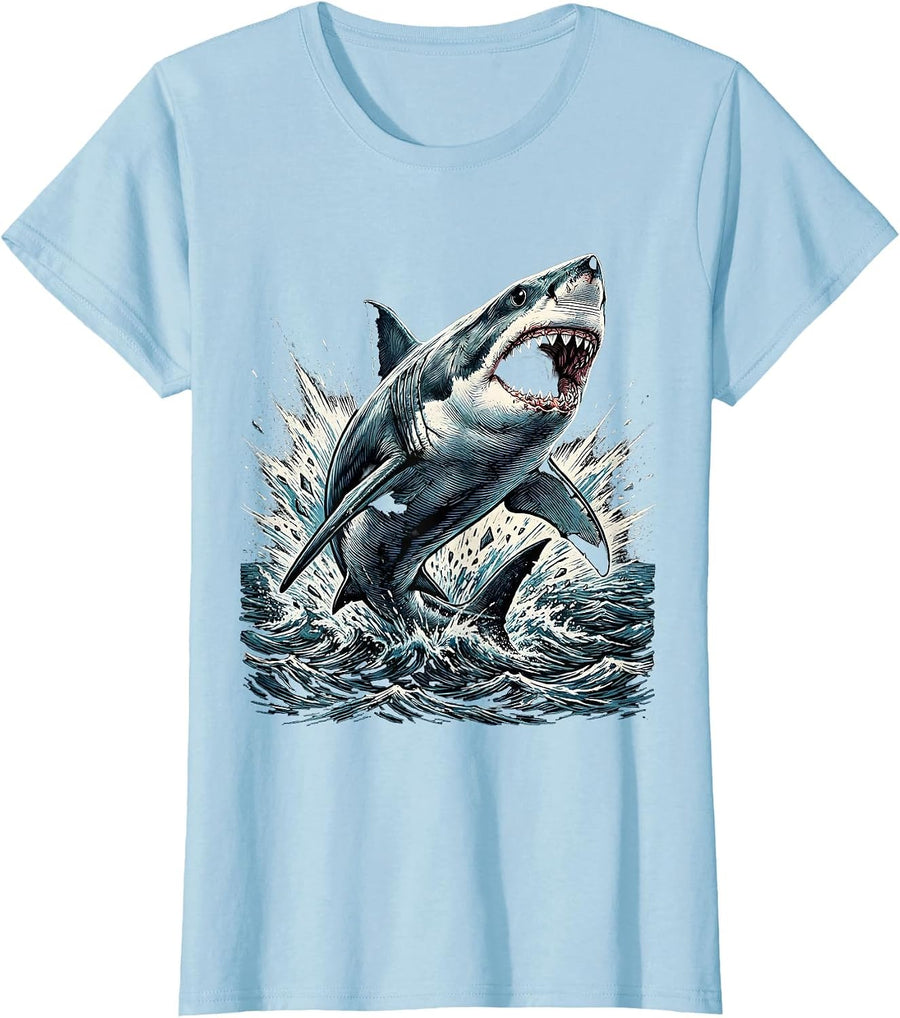 Women's Boys Shark Bursting Through Ocean Surface T-Shirt - Baby Blue