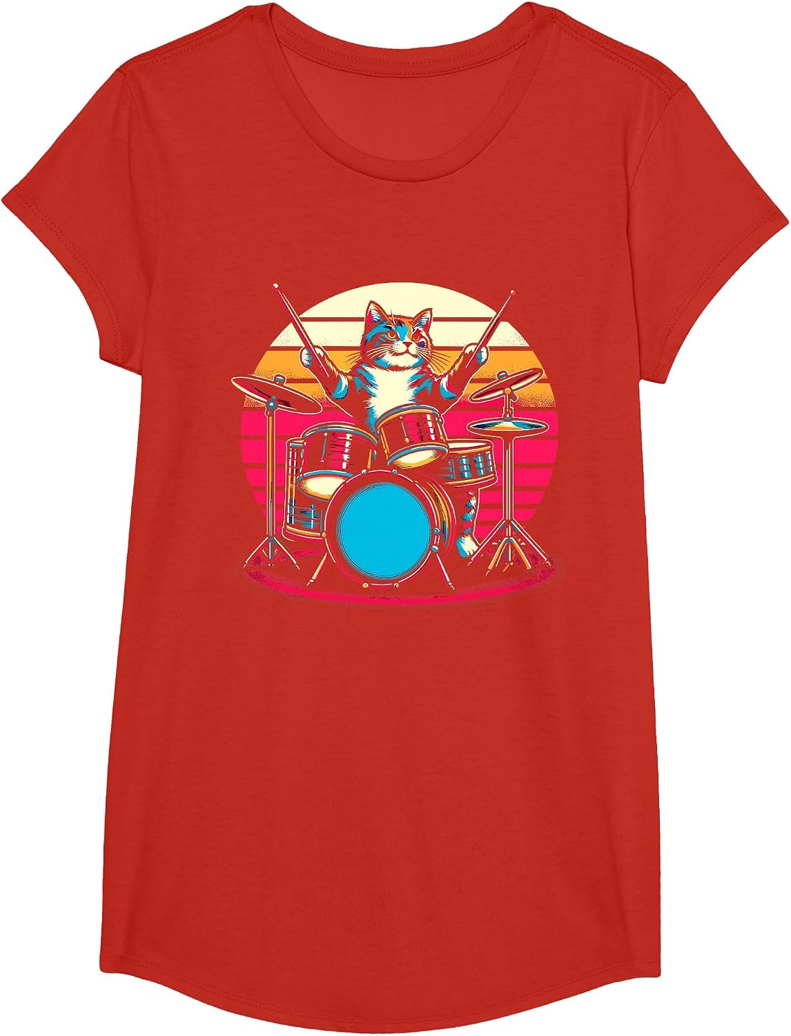 Cat Playing Drums Drummer Novelty Music Lover Funny Drummer T-Shirt - Girls Red
