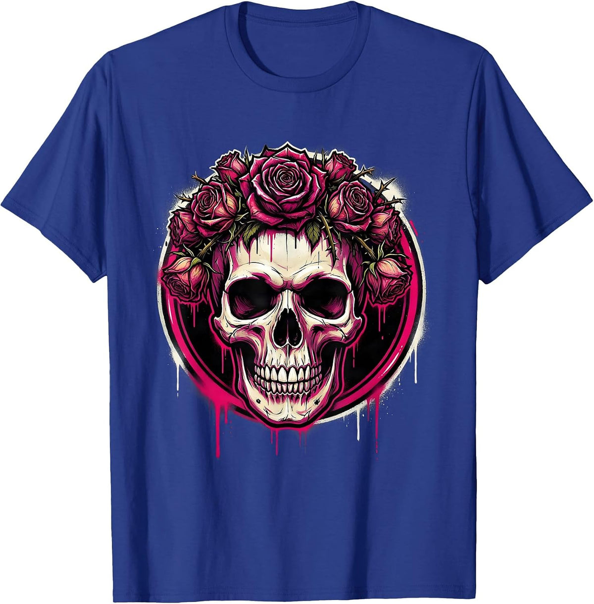 Punk Skull Wilting Roses Gothic Crown Art T-Shirt - Royal Blue