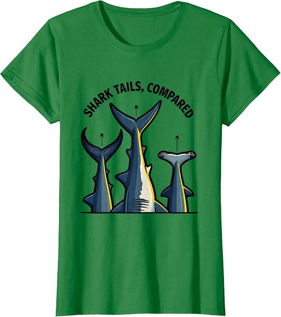 Women's Shark Tails Compared Cartoon Great White Thresher Hammerhead T-Shirt - Kelly Green