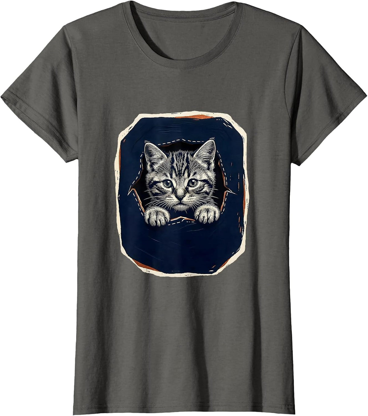 Women's Silver Tabby Kitten Peeking Pocket Cute Cat Lover Gift T-Shirt - Asphalt Grey