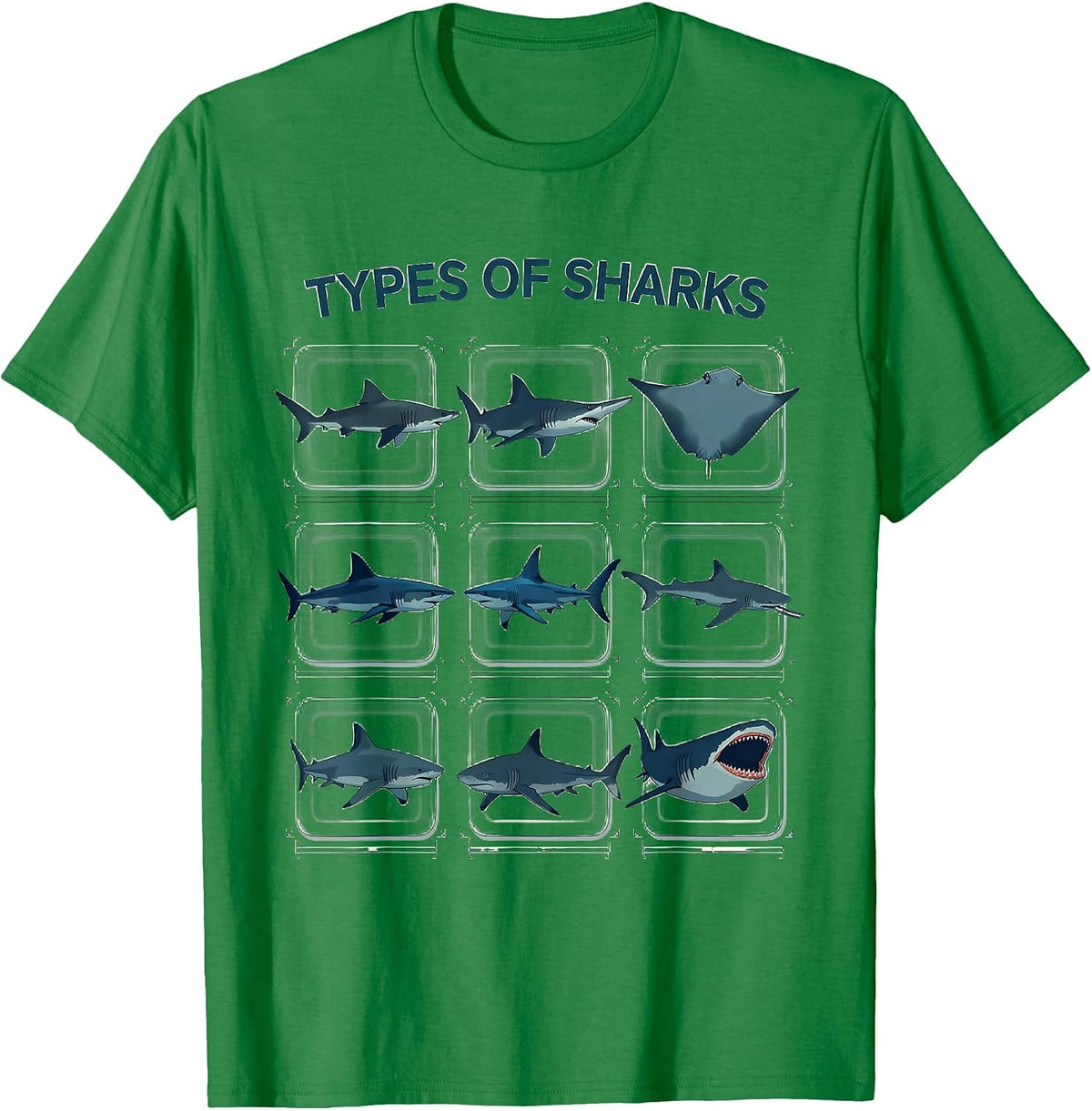 Men's Types Of Sharks Flat Vector Marine Biology Ocean Wildlife T-Shirt - Kelly Green
