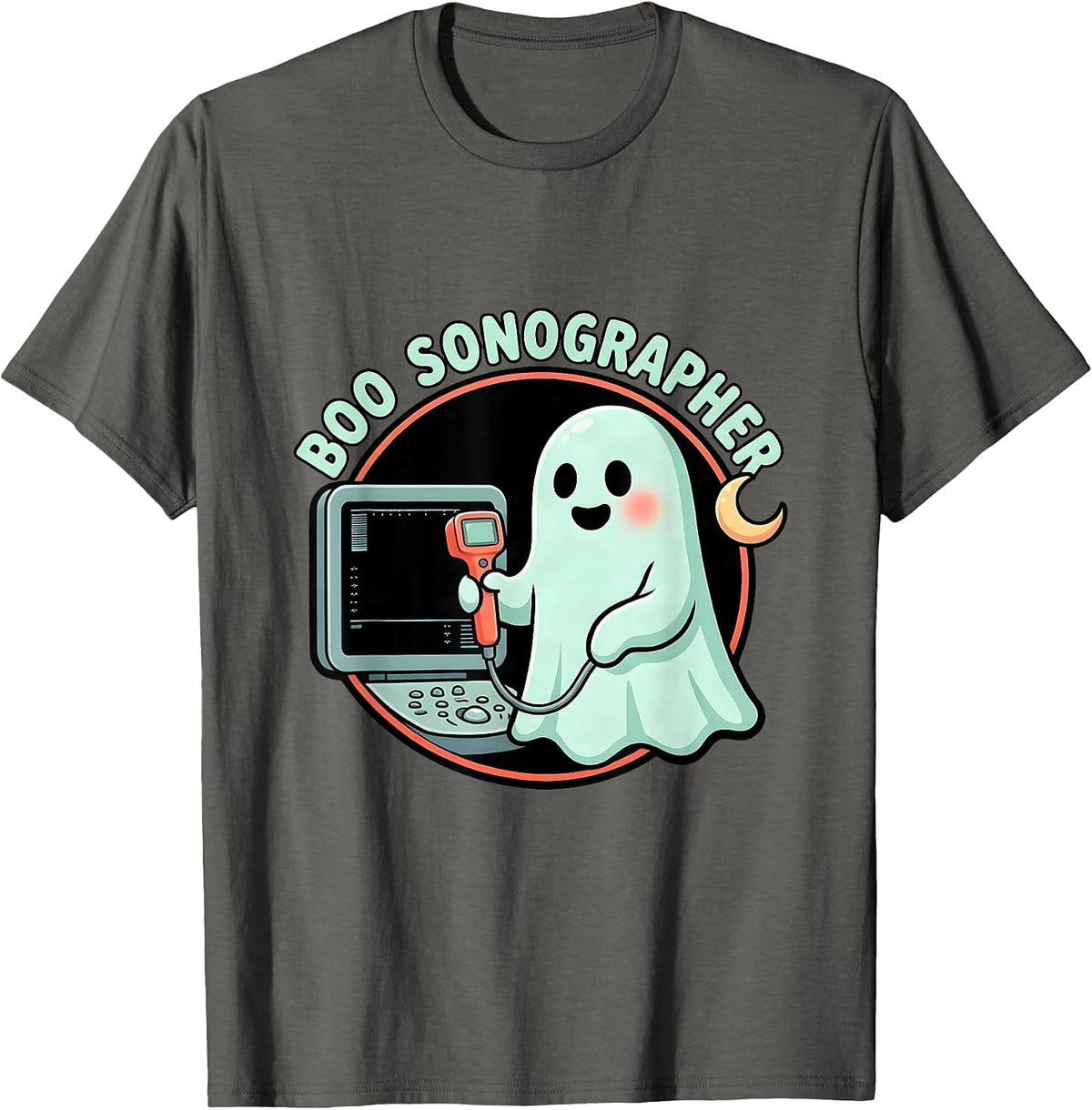 Boo Sonographer Cute Ghost Ultrasound Tech Halloween Humor T-Shirt - Asphalt Grey