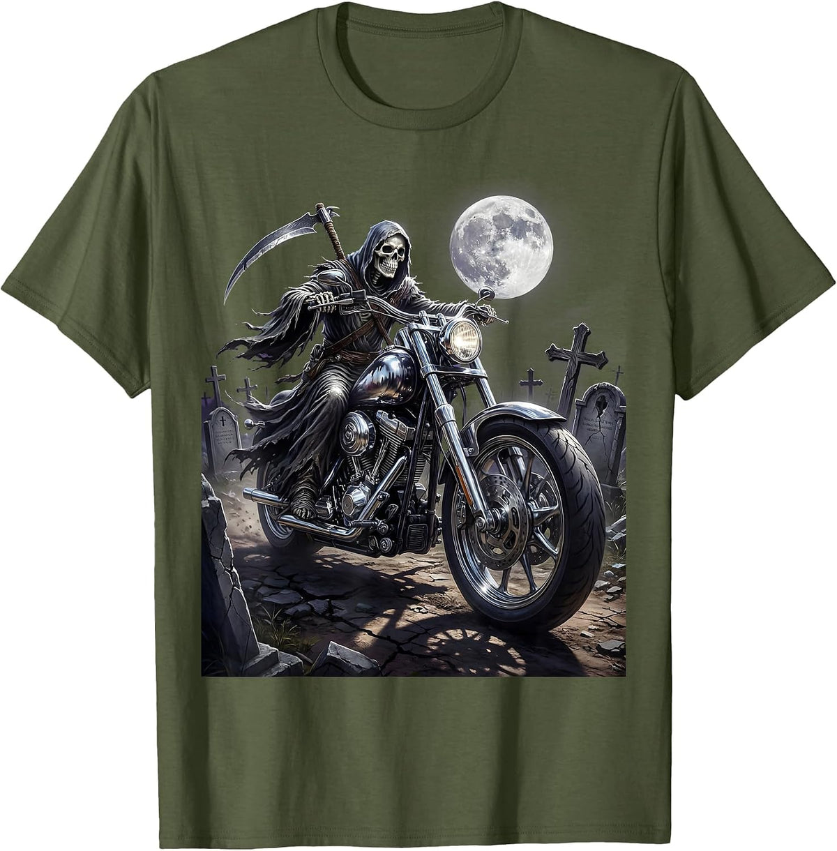 Grim Reaper Biker Graveyard Night Metal Graphic T-Shirt - Olive Green
