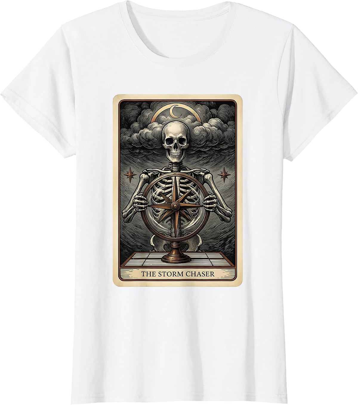 Women's The Storm Chaser Gothic Tarot Card Skeleton Halloween Humor T-Shirt - White