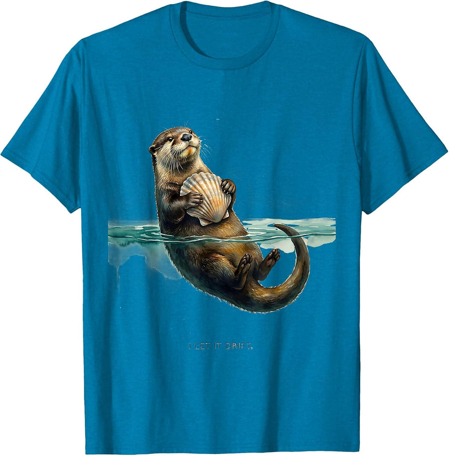 I Let It Drift Watercolor River Otter Animal Lover Humor T-Shirt - Sapphire Blue