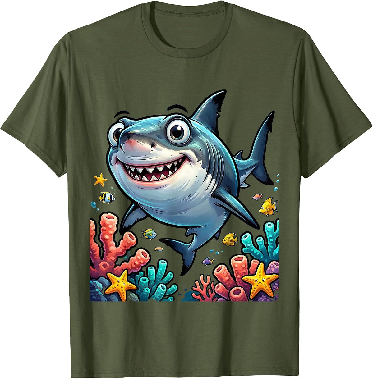 Mama Shark Coral Reef Ocean Illustration T-Shirt - Olive Green