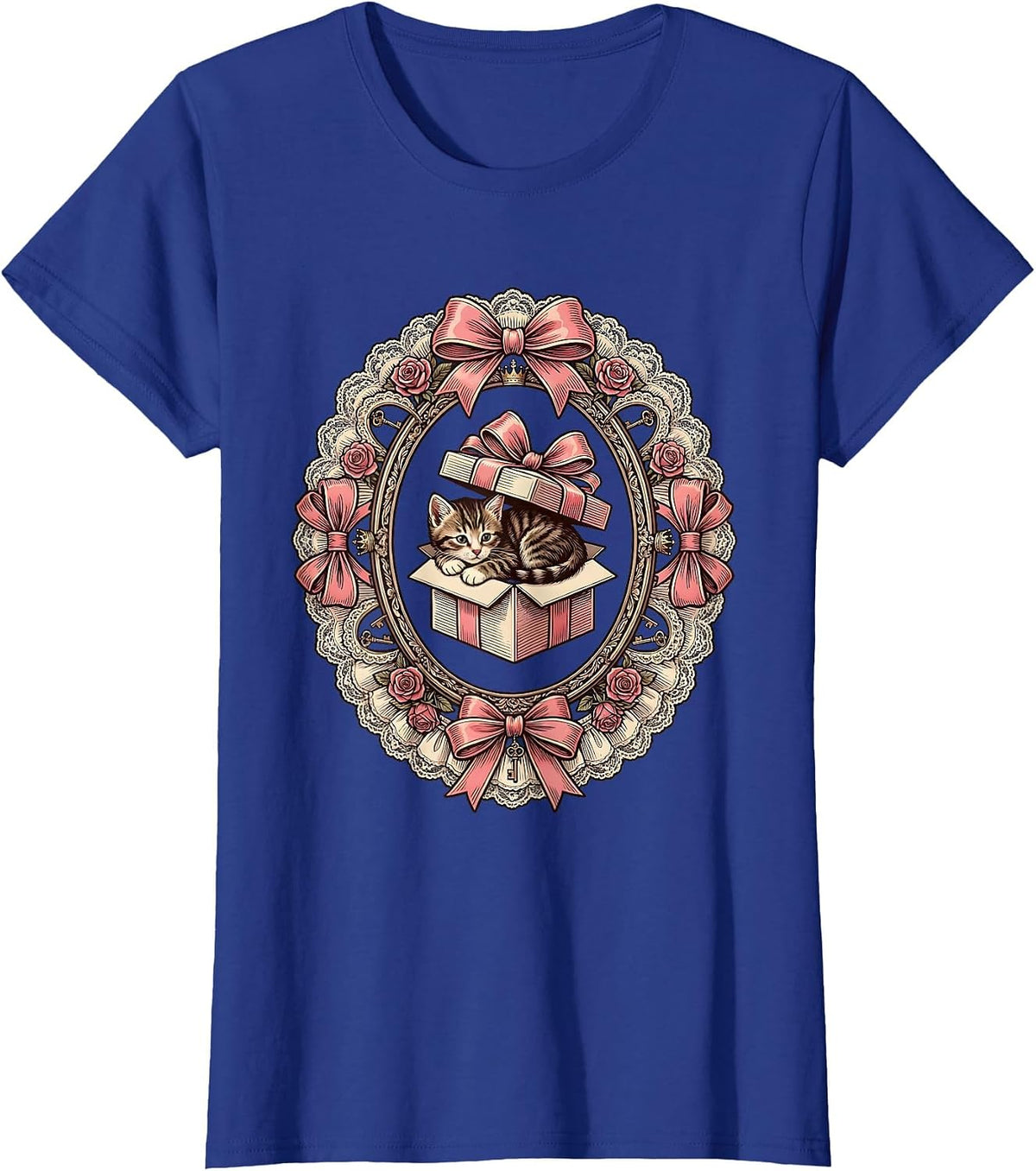 Women's Tabby Kitten Curled in Gift Box Illustration T-Shirt - Royal Blue
