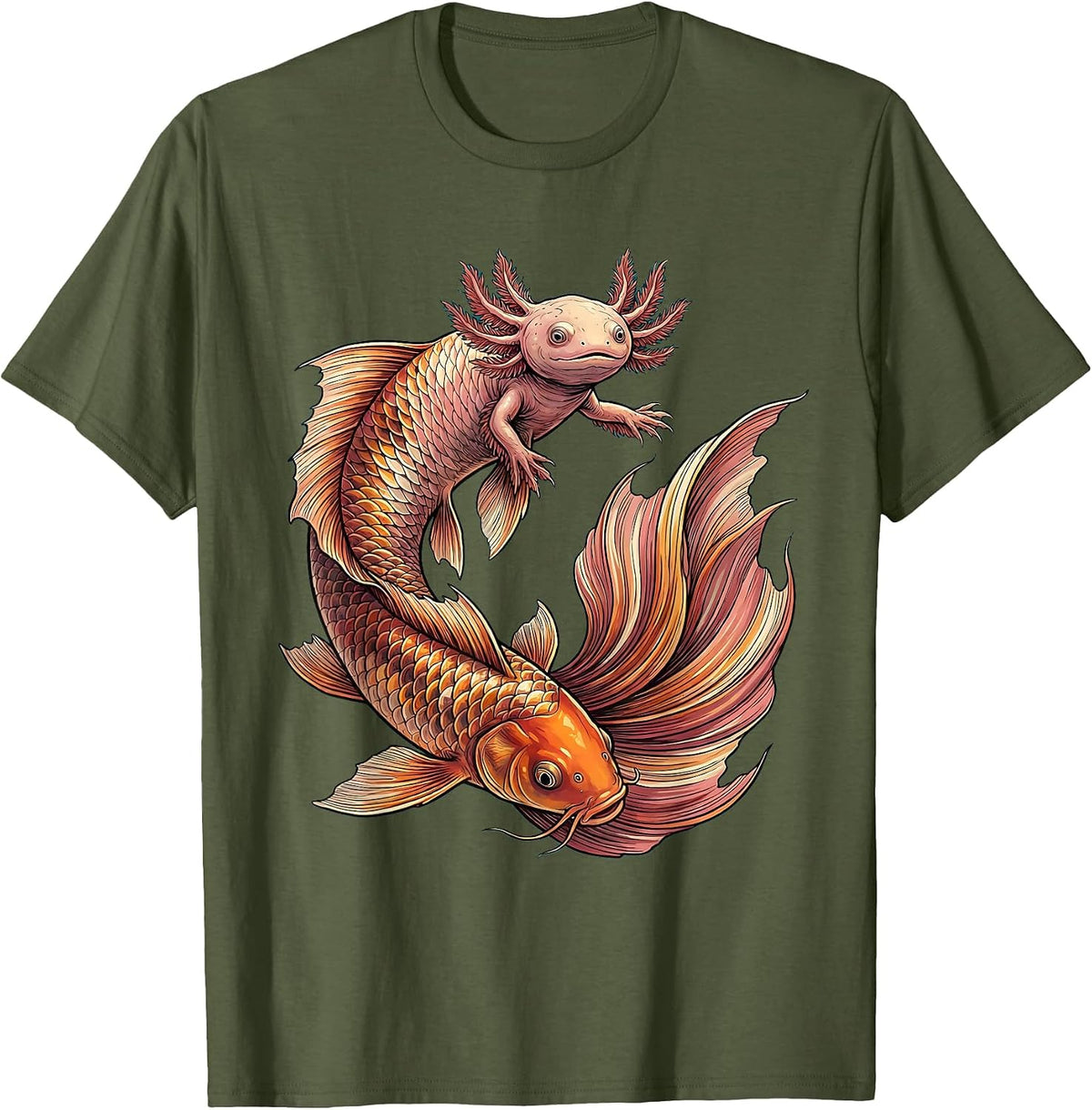Men's Axolotl Riding Giant Koi Fish Graphic Tee T-Shirt - Olive Green