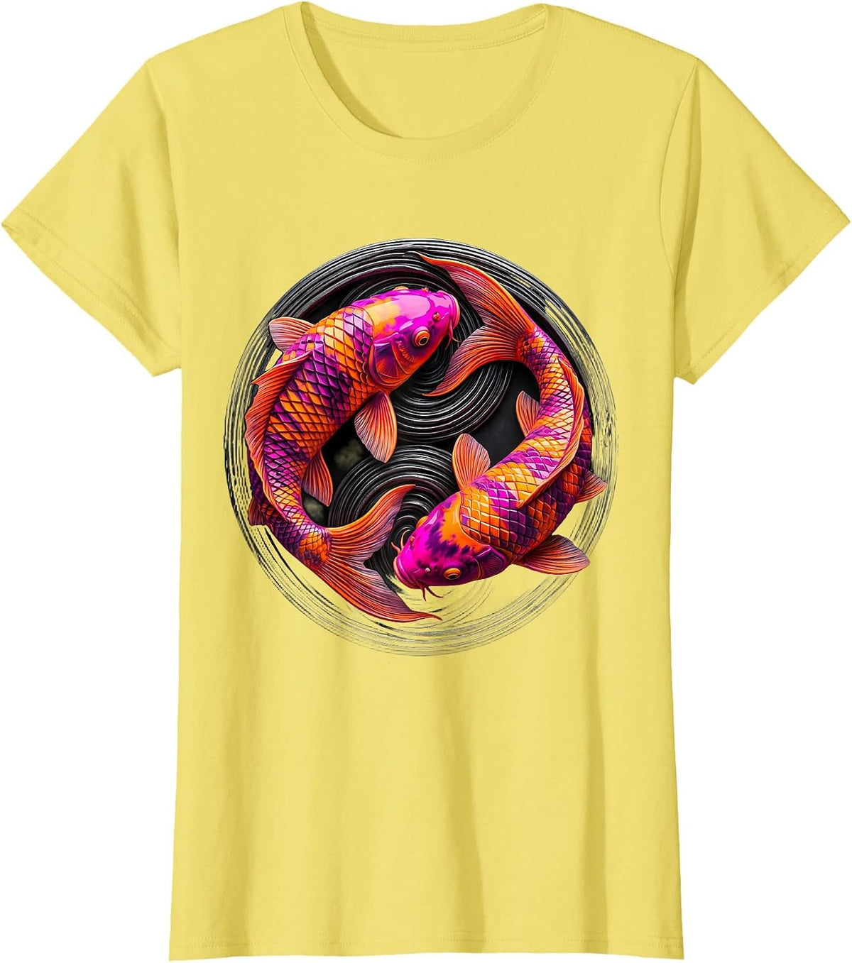 Tie Dye Koi Fish Spiral Current Illustration T-Shirt - Lemon Yellow