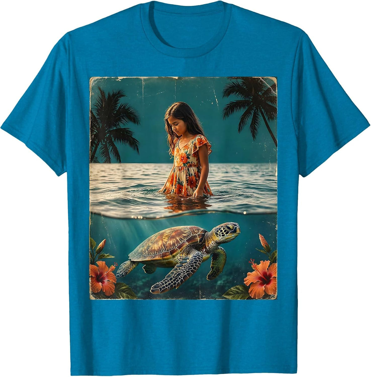 Hawaiian Girl and Sea Turtle Ocean Art Design T-Shirt - Sapphire Blue