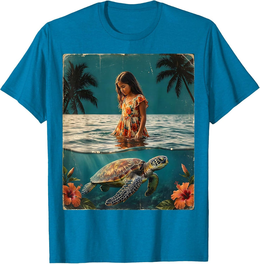 Hawaiian Girl and Sea Turtle Ocean Art Design T-Shirt - Sapphire Blue