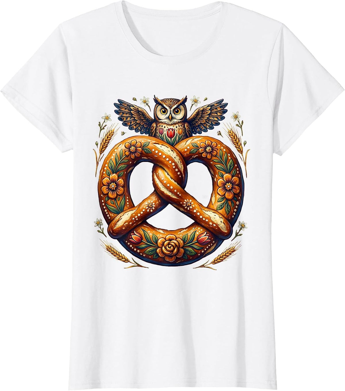 Women's Owl on Giant Pretzel Oktoberfest Graphic Tee T-Shirt - White