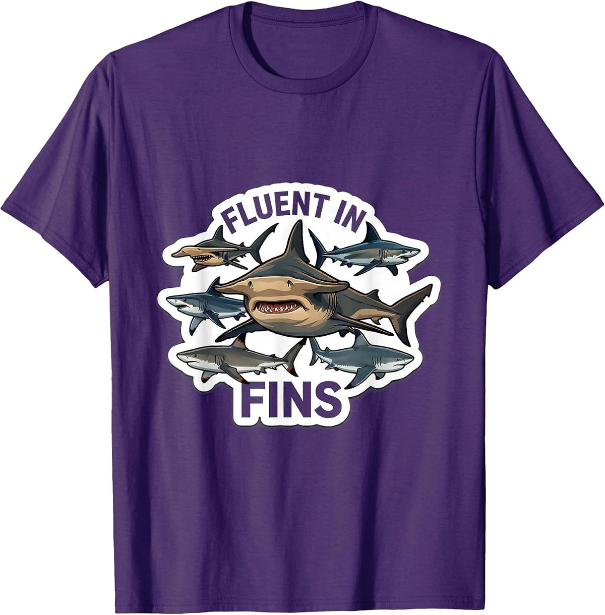 Men's Fluent In Fins Funny Shark Species Marine Biology Lover T-Shirt - Purple