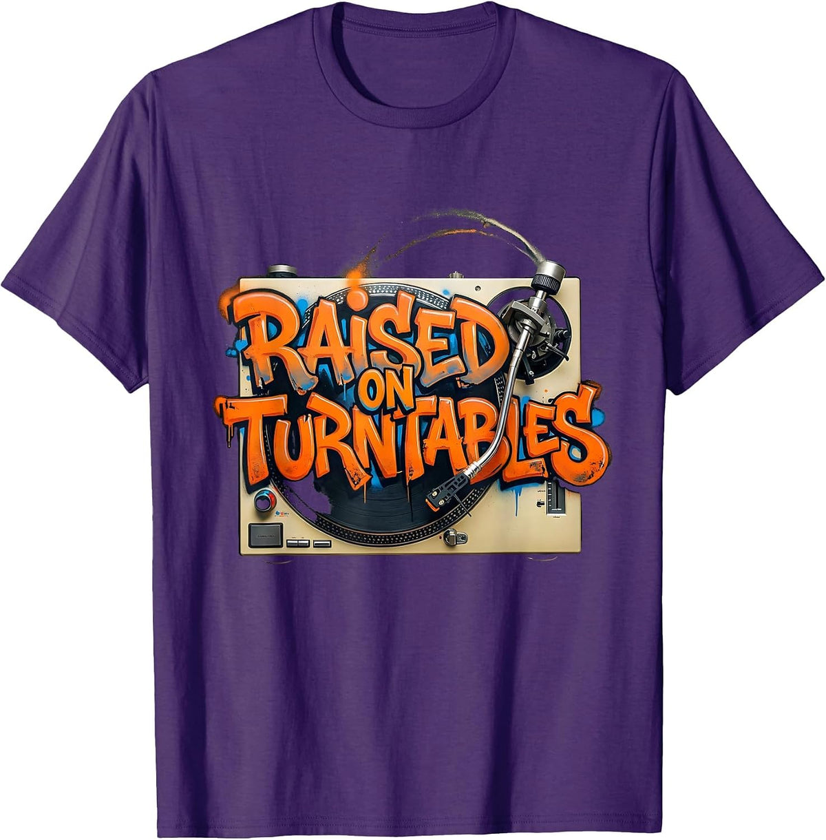 Men's Raised On Turntables Graffiti 90s Hip-Hop Rap Lyric T-Shirt - Purple
