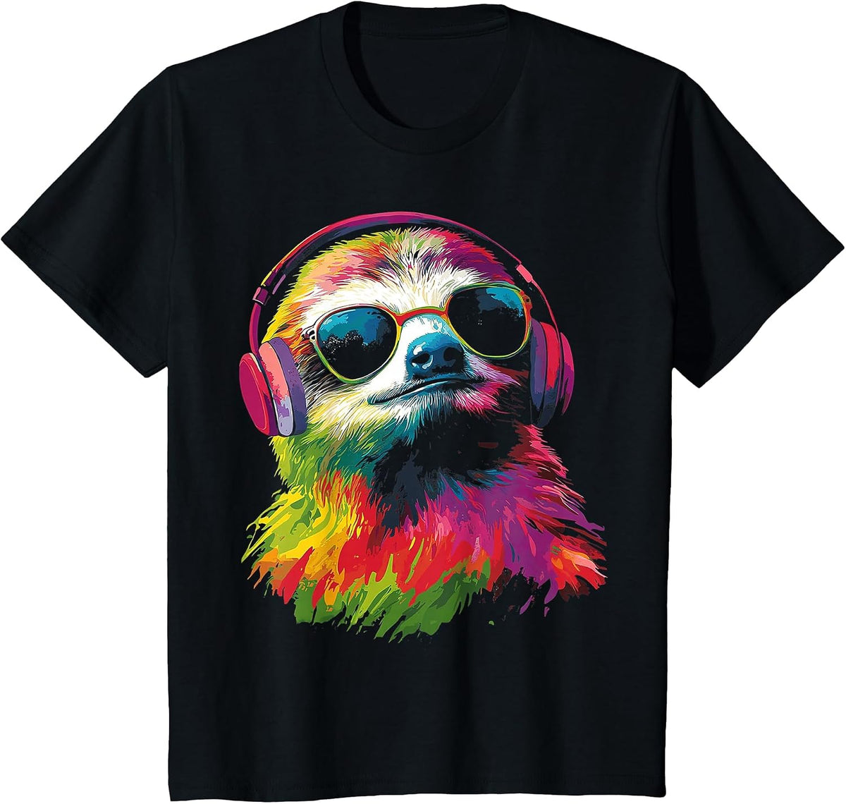 Sloth Animal Motif Music Headphone Art Sunglasses Sloth T-Shirt - Black