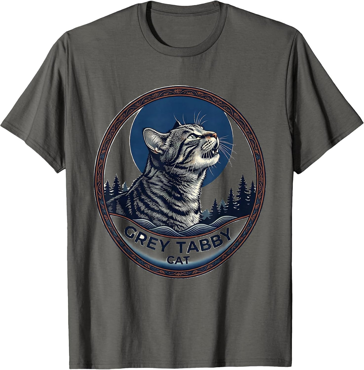 Men's Grey Tabby Cat Howling at Moon Ukiyo-e Retro Cat Owner T-Shirt - Asphalt Grey