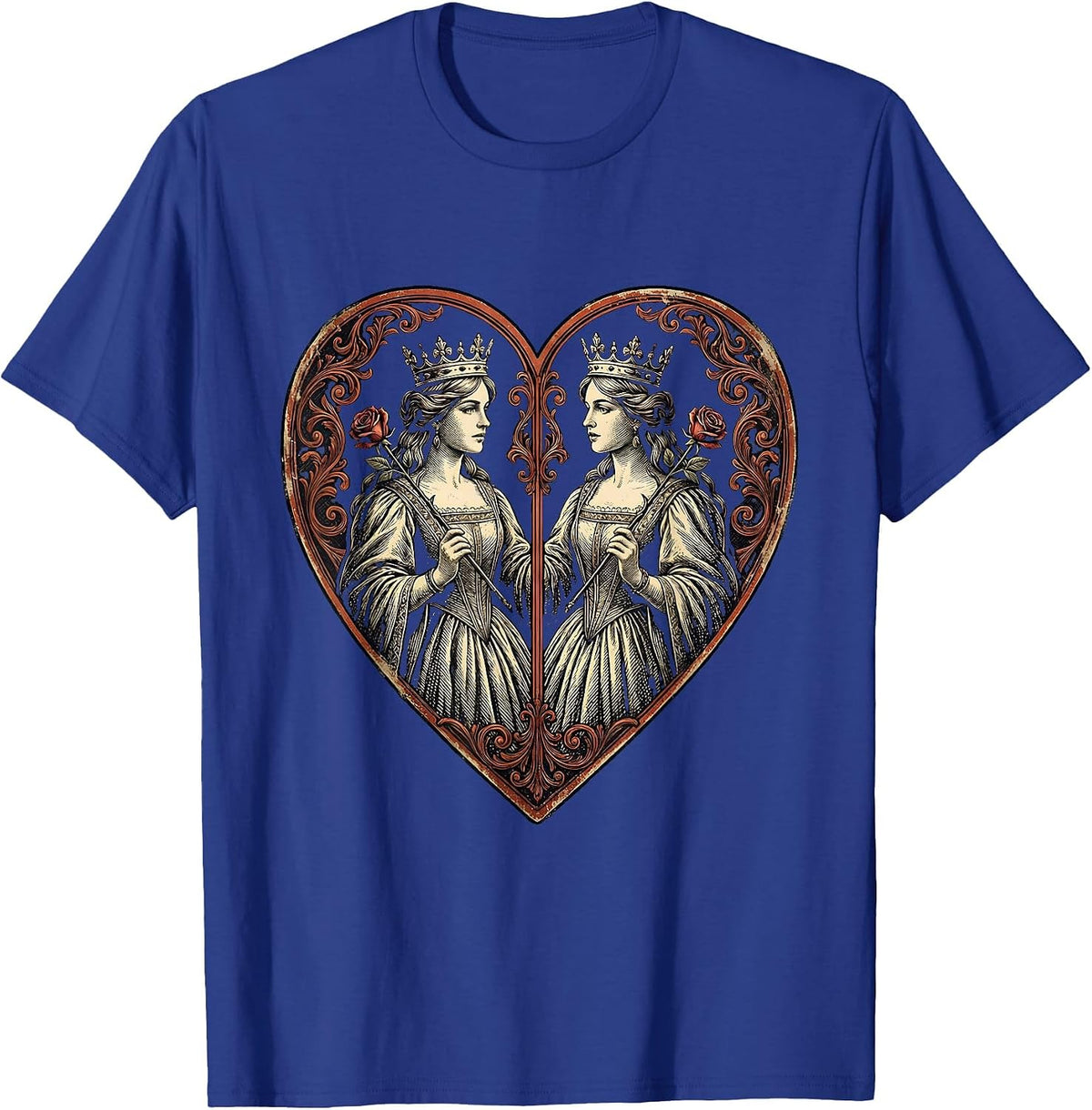 Queen of Hearts Mirrored Playing Card Design T-Shirt - Royal Blue