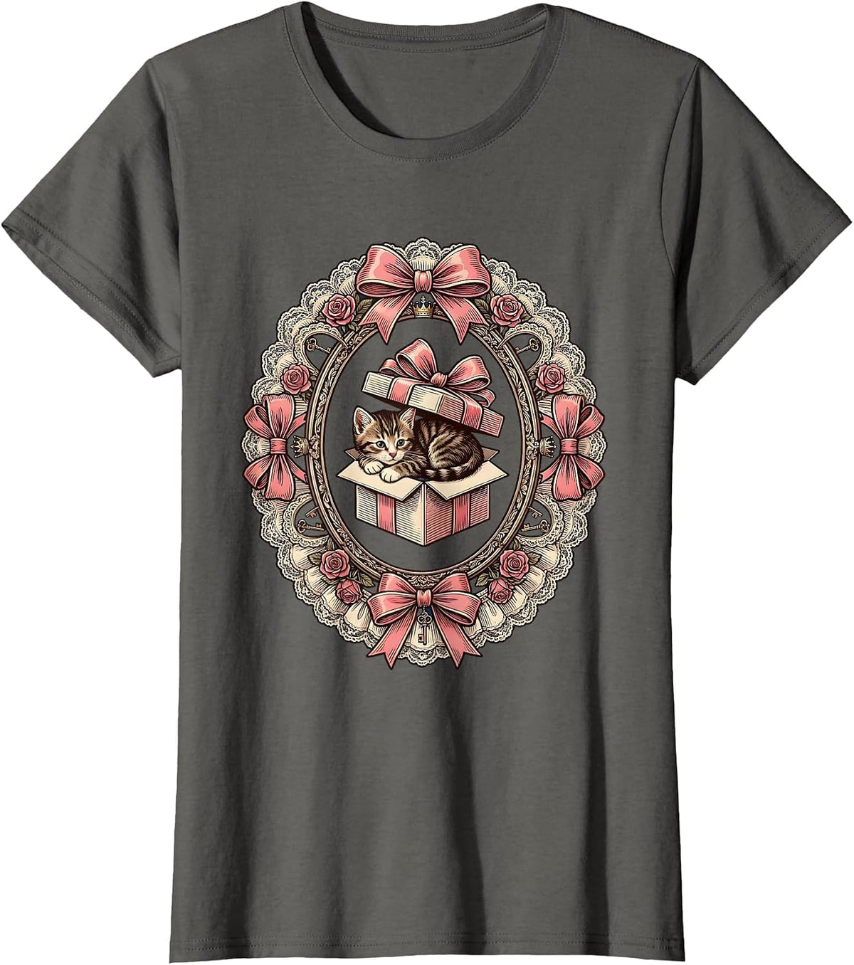 Women's Tabby Kitten Curled in Gift Box Illustration T-Shirt - Asphalt Grey