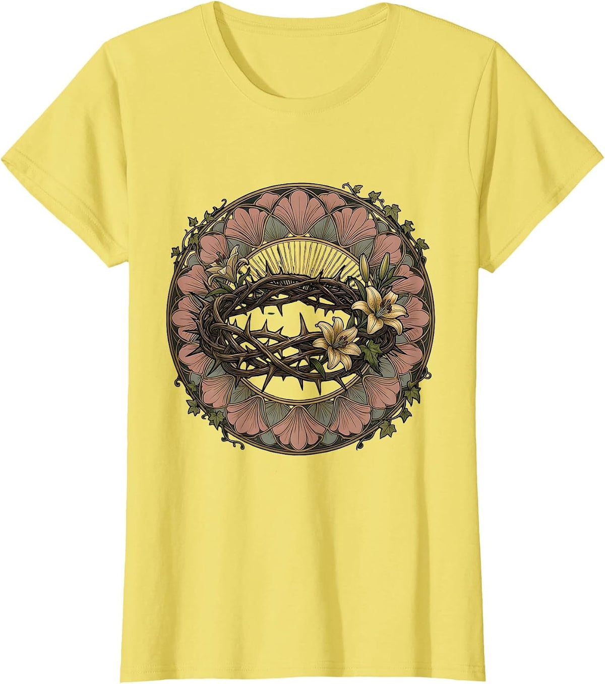 Women's Crown of Thorns Glowing Light Jesus Graphic T-Shirt - Lemon Yellow