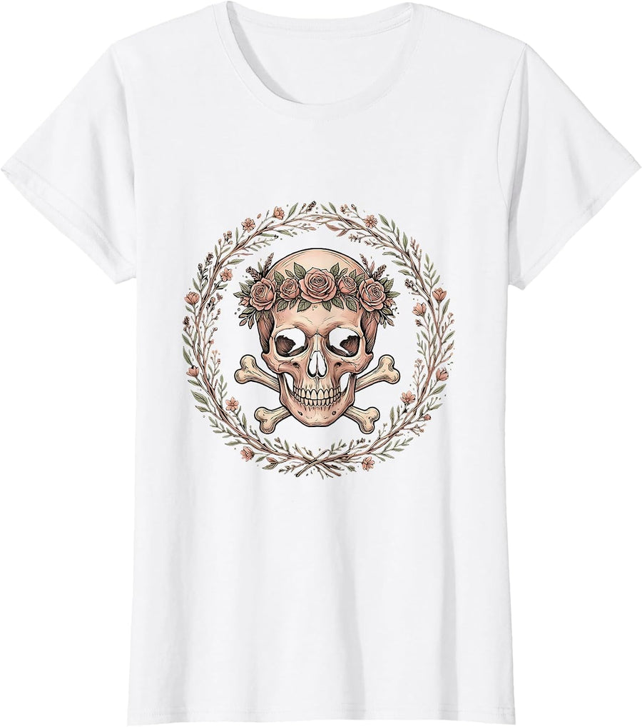 Women's Crowned Skull Crossbones Bold Gothic Art Design T-Shirt - White