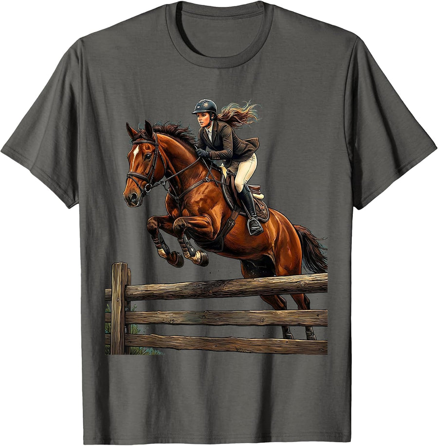 Horse Rider Jumping Fence Equestrian Graphic T-Shirt - Asphalt Grey