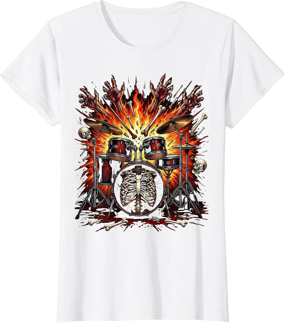 Exploding Drum Kit Fiery Punk Band Graphic T-Shirt - White