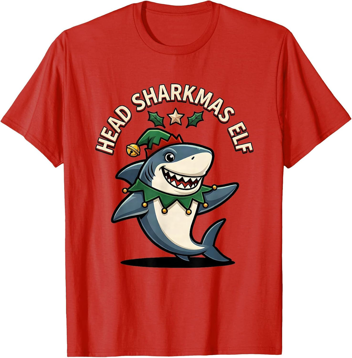 Men's Head Sharkmas Elf Cartoon Shark Lover Christmas Pun Humor T-Shirt - Red