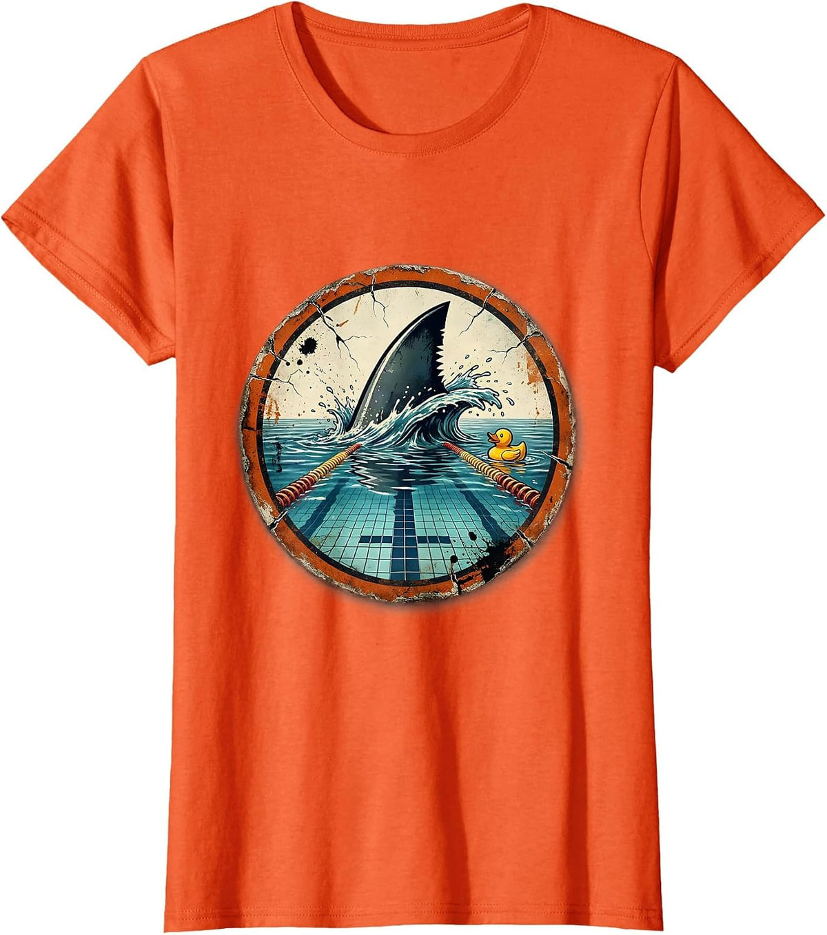 Shark Fin Swimming Pool Funny Graphic Tee T-Shirt - Orange