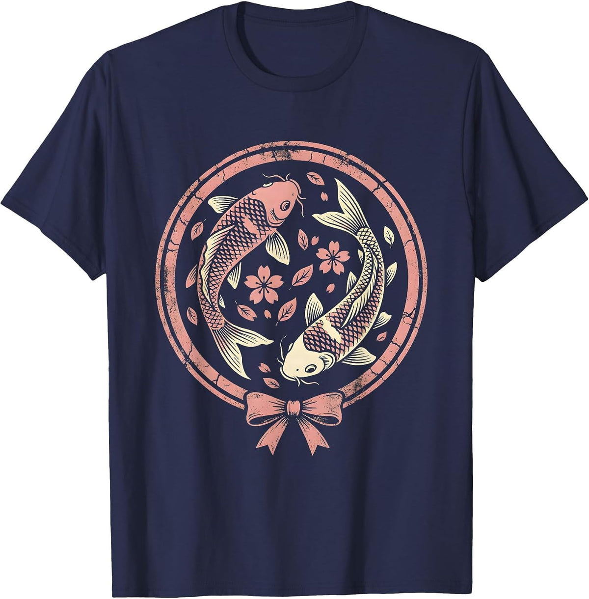 Koi Fish Pink Cherry Blossom Breast Cancer Awareness T-Shirt - Navy Blue