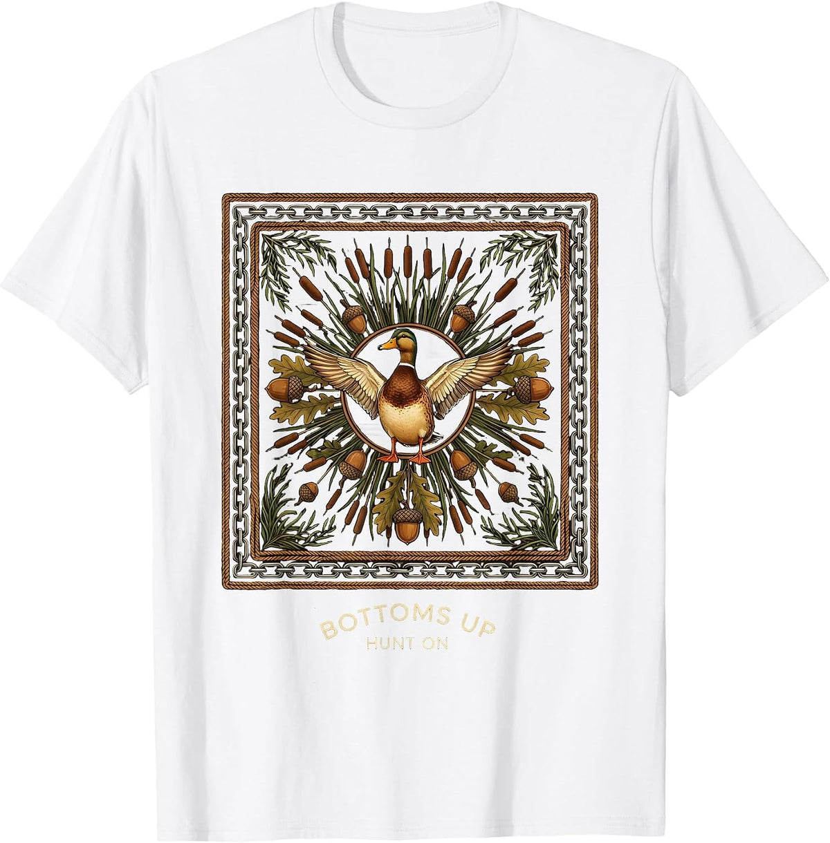 Men's Bottoms Up Hunt On Bottomland Camo Design T-Shirt - White