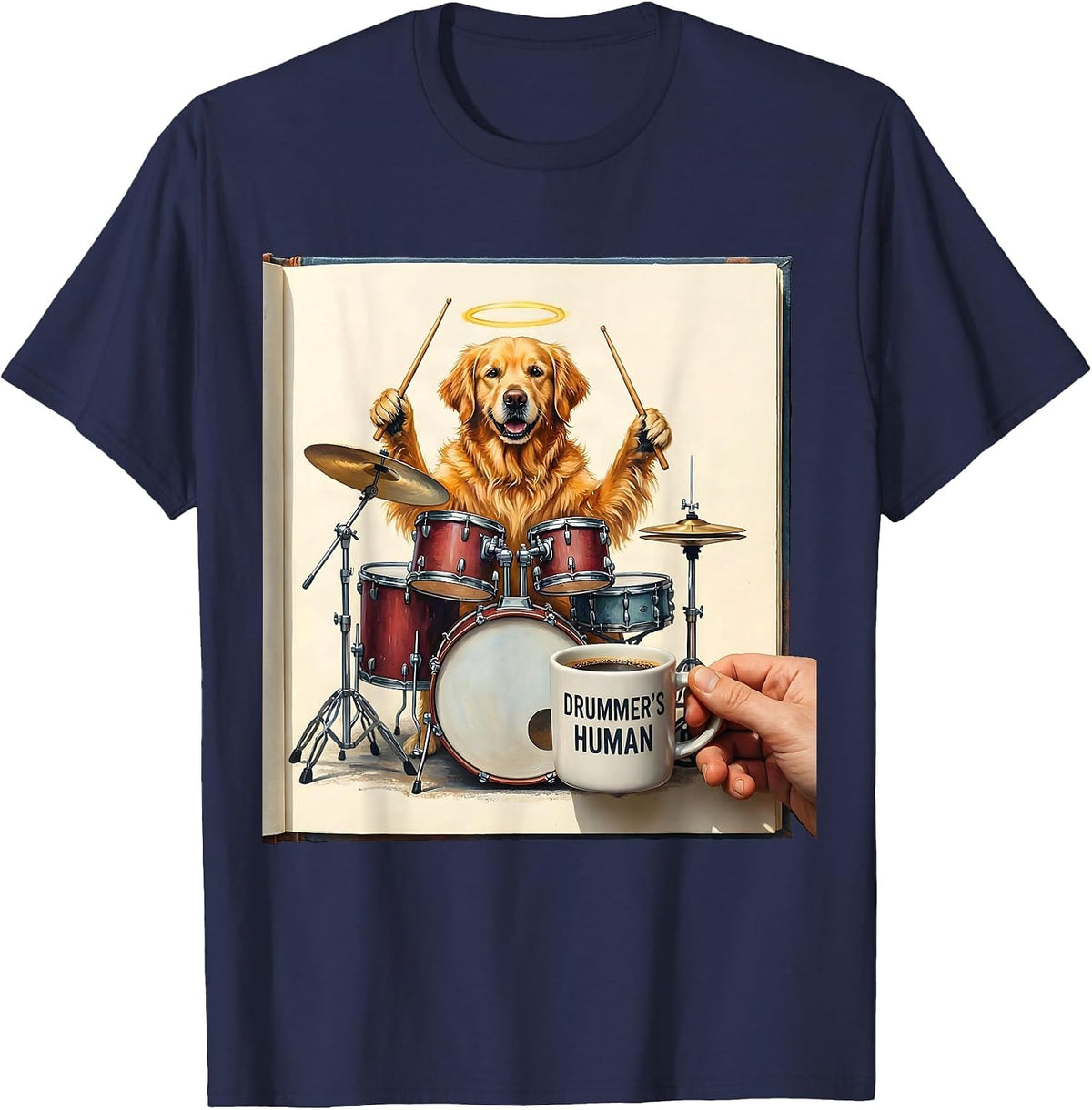 Drummer's Human Storybook Golden Retriever Dog Drummer Humor T-Shirt - Navy Blue