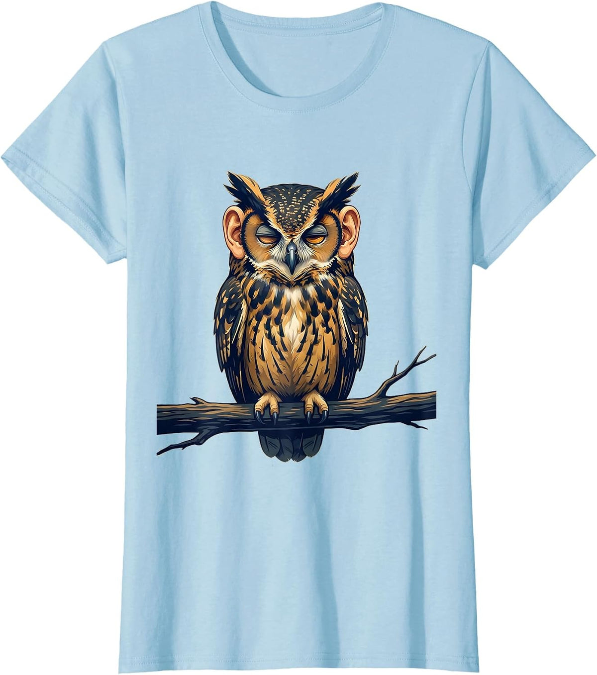 Owl Perched Eyes Wide Shut Graphic Design T-Shirt - Baby Blue