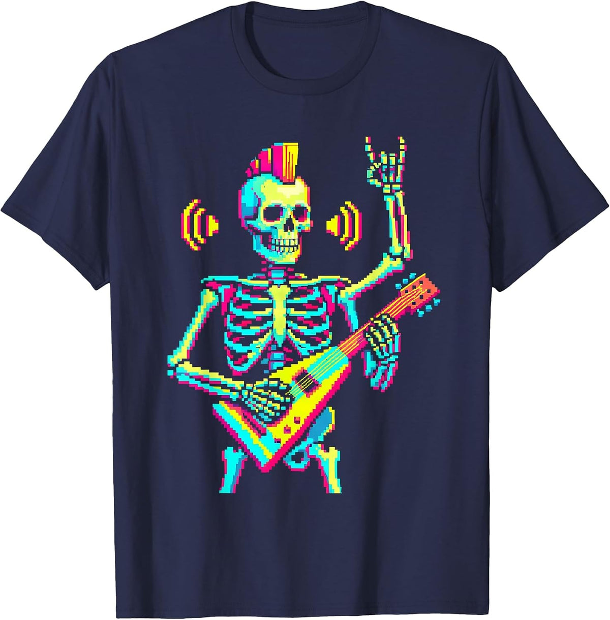 Punk Skeleton Pixel Art Rock Fan Halloween Costume T-Shirt - Navy Blue