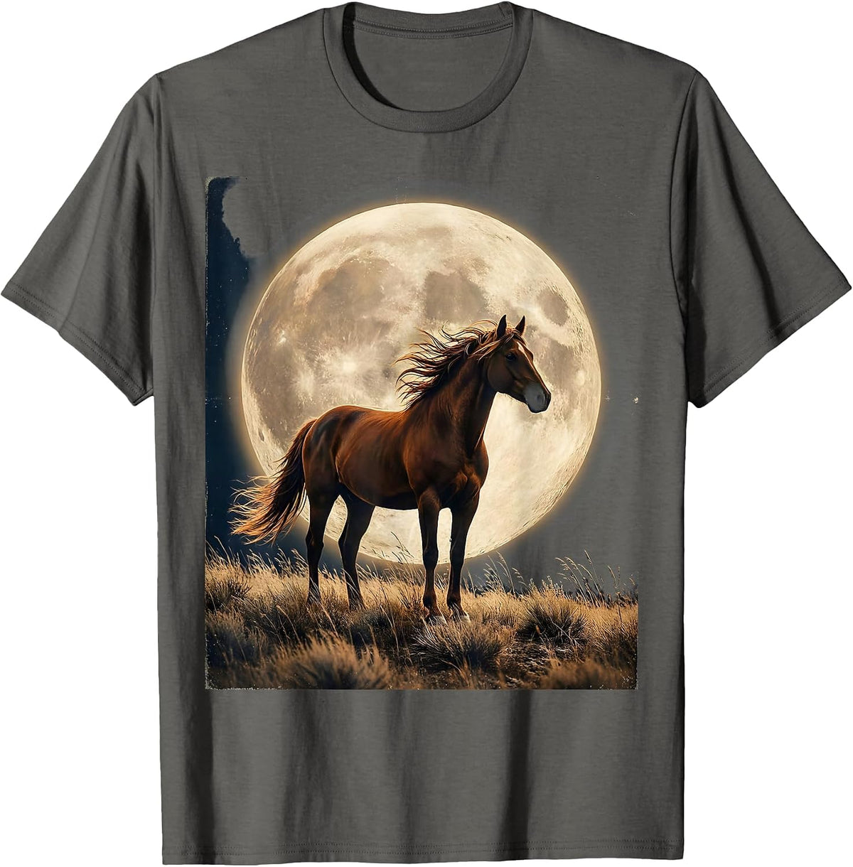 Men's Horse Silhouette Giant Full Moon Night Sky Design T-Shirt - Asphalt Grey