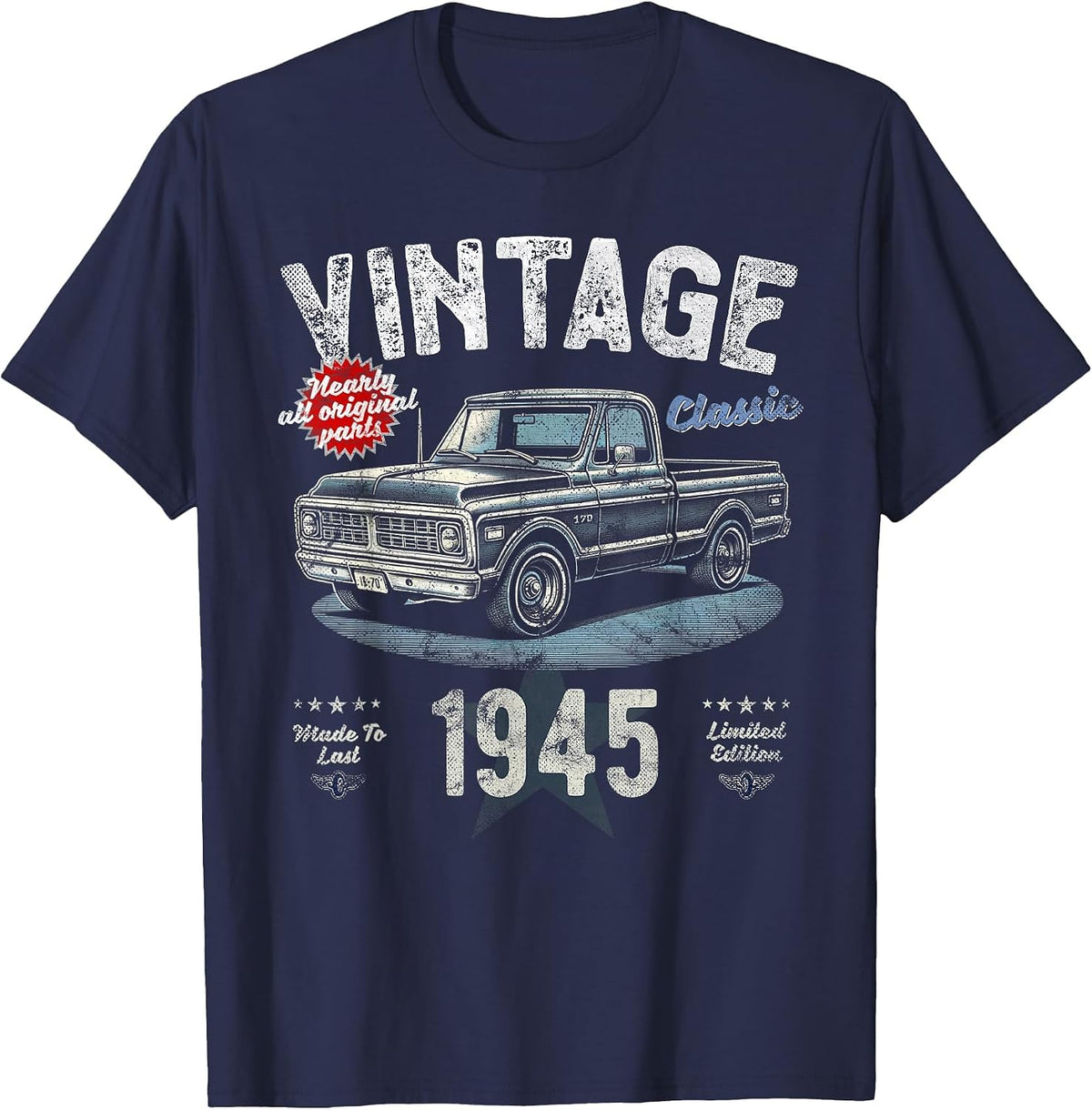 Vintage, Born 1945, 80th Birthday, Classic Pick Up Truck T-Shirt - Navy Blue