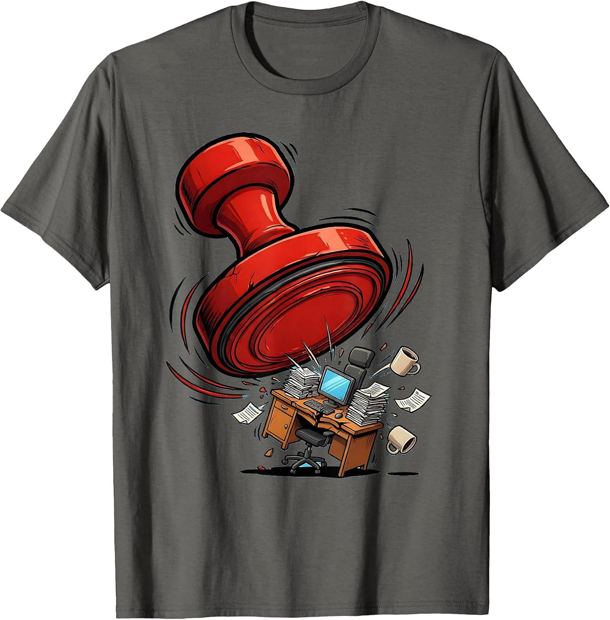 Giant Red Stamp Crushing Office Desk Graphic T-Shirt - Asphalt Grey