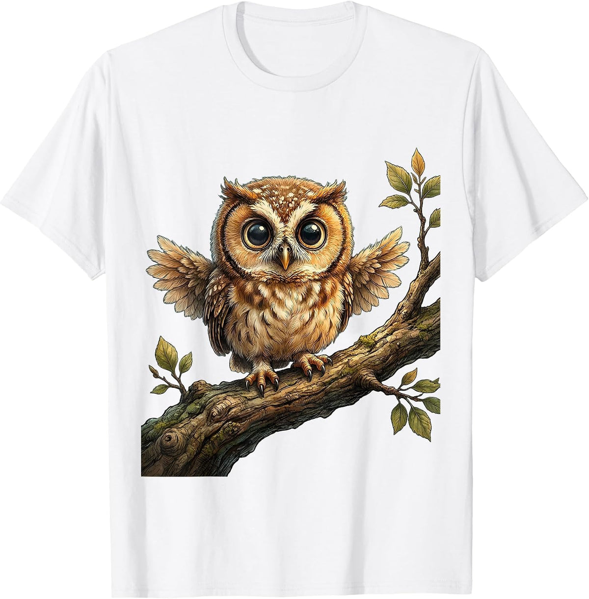 Baby Owl Perched on Branch Cute Nature Design T-Shirt - White