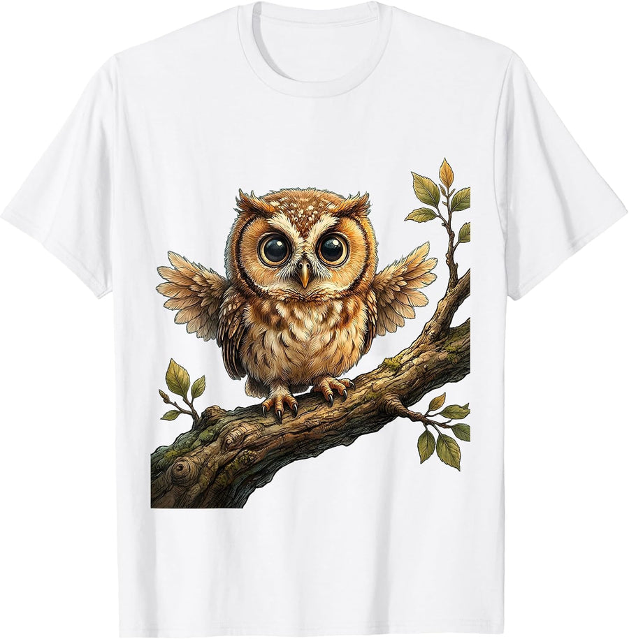 Baby Owl Perched on Branch Cute Nature Design T-Shirt - White