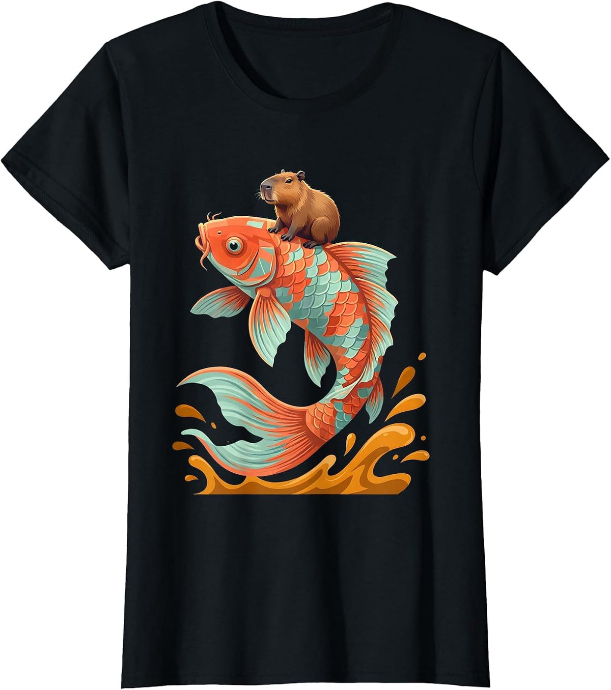Capybara Riding Giant Koi Fish Graphic T-Shirt - Black