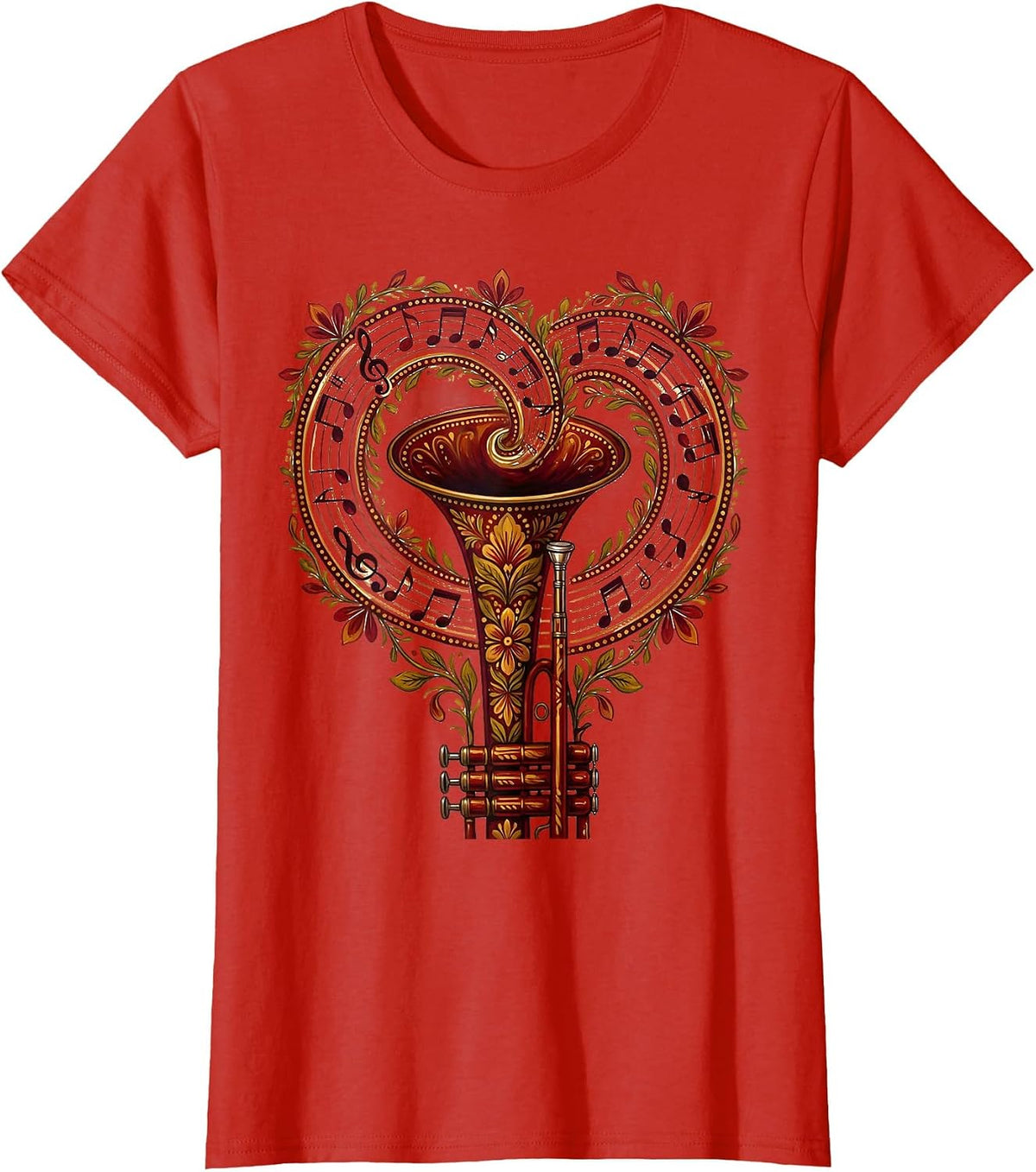Music Teacher Trumpet Notes Spiral Graphic T-Shirt - Red